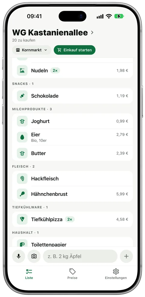 Bens Handy im selben Moment: Die Milchprodukte-Gruppe zeigt nur noch Joghurt, Eier und Butter, Milch ist weg.