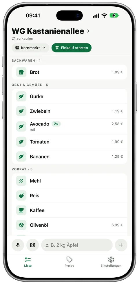 Liste „WG Kastanienallee“ bei Kornmarkt, nach Gängen sortiert: Backwaren, Obst & Gemüse, Vorrat.