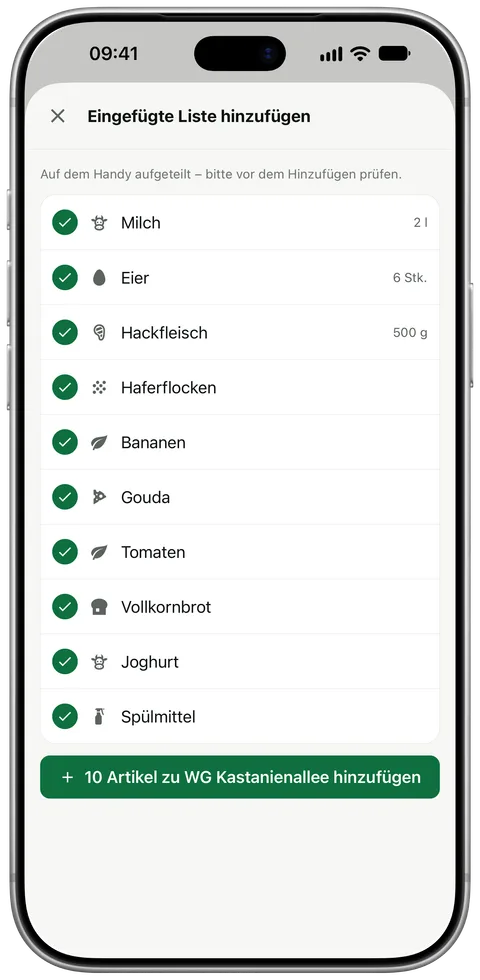 Eine ins Eingabefeld eingefügte Liste: „Eingefügte Liste hinzufügen“, darunter die Einträge mit Menge zum Prüfen und Hinzufügen.