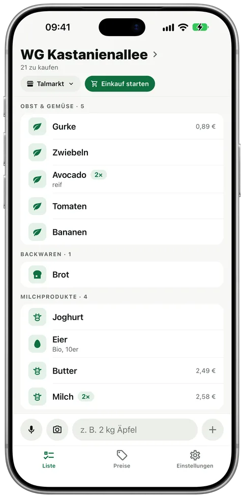 Dieselbe Liste bei Talmarkt, andere Gangfolge: Obst & Gemüse zuerst, dann Backwaren und Milchprodukte.