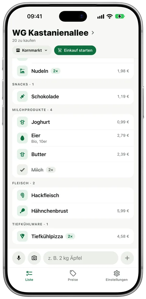 Annas Handy: In der Milchprodukte-Gruppe ist Milch gerade abgehakt und durchgestrichen.