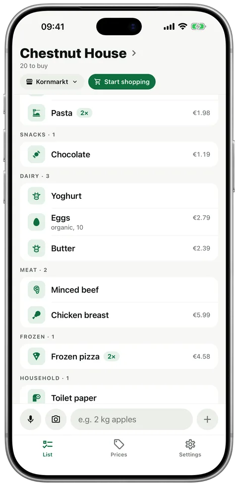 Ben’s phone at the same moment: the dairy group shows only yoghurt, eggs and butter, the milk is gone.