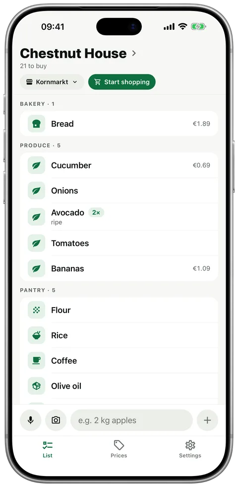 Tomli list at Kornmarkt, sorted by aisle: bakery, produce, pantry.