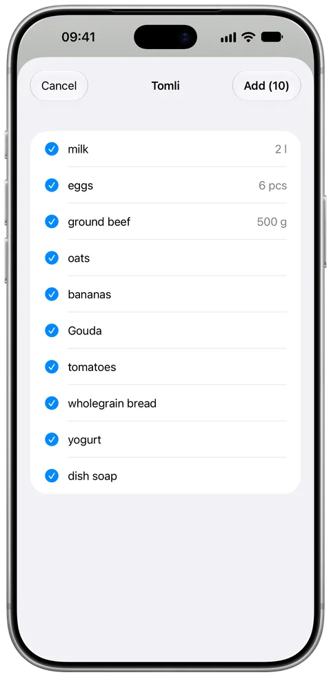 A shared list in the share menu: ten ticked items, including milk (2 l), eggs (6 pcs) and ground beef (500 g), with “Add (10)” at the top.