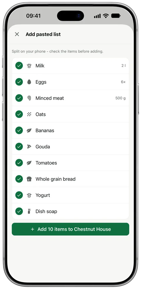 A list pasted into the add field: “Add pasted list”, below it the items with amounts, ready to check and add.