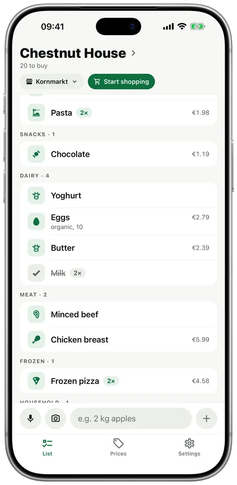 Anna’s phone: in the dairy group, milk has just been ticked off and struck through.