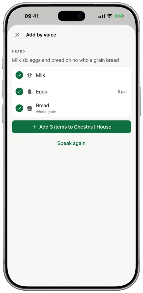 Add by voice: understood “milk six eggs and bread oh no whole grain bread”, below it milk, eggs (6) and whole grain bread ready to add.